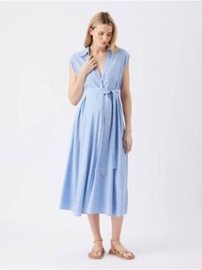 Ripe Abby Light Blue Striped Midi Shirt Dress with Tie Waist